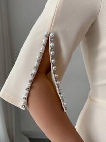 Selianne 女士圆领珍珠装饰腰带优雅浪漫连衣裙 - 杏色 - 查看 7