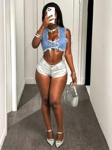 Slaydiva Women's Sleeveless Short Length Denim Cropped Top, Fashion Versatile Vest For Summer - Blue - View 7
