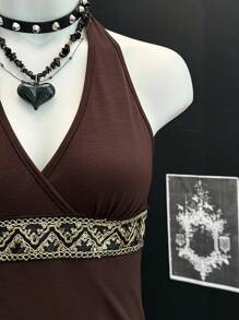 EgrlEra 女士性感V领修腰优雅连衣裙 - 巧克力棕 - 查看 5