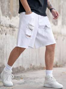 Manfinity LEGND Herren einfarbige Distressed Taschen Lässige Loose Fit Denim-Shorts - Weiss - Übersicht 7