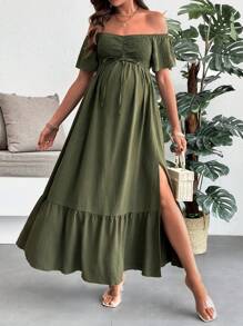 SHEIN 孕妇纯色系带露肩休闲连衣裙度假孕妇装 - 軍綠色 - 查看 5