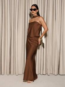 AiiRZ Strapless Bardot Top With Scarf & Maxi Skirt SET