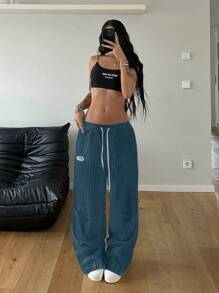 Flirla 女士街头风条纹抽绳宽松黑白长裤 - 藍色 - 查看 5