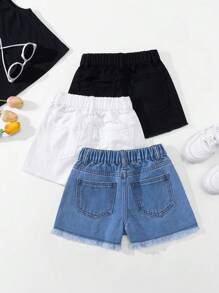 3pcs Casual Young Girls Denim Shorts Set, Distressed Washed Jeans, Versatile Style - Multicolor - View 2