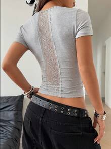 StreetHx Women's Solid Color Lace Panel Cutout Back Short Sleeve T-Shirt, Spring/Summer