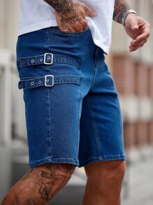 Manfinity Homme 男式深蓝色水洗牛仔弹力紧身街头风格短裤 - 深色水洗藍 - 查看 3