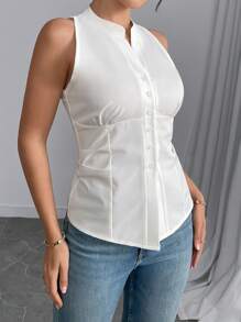 Chiquease Chemise casual à col V sans manches et monorang pour femmes, en couleur unie