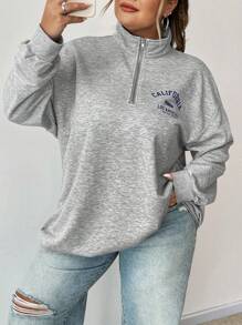 SHEIN CURVE+ Plus Size Women's Loose Fit California Graphic Print Lightweight Turtleneck Half Zip Sweatshirt, Autumn Winter Graduation,Back To School Outfits,Graduation,Teacher Outfits For Women,Back To School Fall