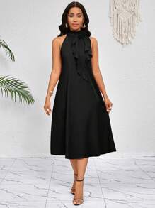 SHEIN Lady 3D Three-Dimensional Flower Ruffles Decorate The Neckline. Orange Mid-Length Dress. Elegant Ladies Loose And Casual. Spring And Summer Vacation. Bohemian. Business Casual Woman - Black - View 3