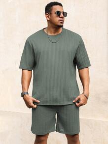 Manfinity Homme Plus Size Men's Solid Color Short Sleeve T-Shirt & Shorts Set, Fashionable For Summer - Green - View 5