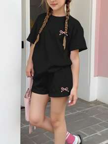 SHEIN Tween Girls Casual Simple Short Sleeve Shorts 2 Pieces Set, Suitable For Summer - Black - View 1