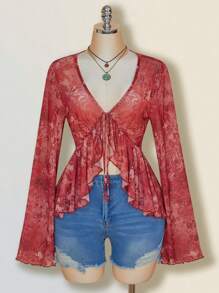 SHEIN ICON 大码复古佩斯利印花前系带针织上衣，喇叭袖透明网眼印花衬衫，夏季度假 - 彩色 - 查看 5