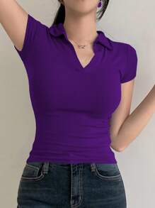 DAZY 女士休闲纯色紧身 Polo 领 T 恤，夏季，商务休闲女装 - 紫色 - 查看 3