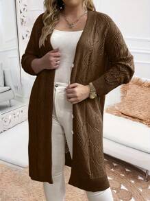Calvaya Plus Size Women's Fashion Single-Breasted Long Cardigan Sweater, Casual Knitted Mid-Length Open Front Coat - Coffee Brown - View 3