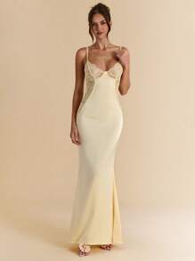 SHEIN BAE 优雅春夏纯红色蕾丝拼布缎面连衣裙，红色连衣裙，婚礼派对伴娘礼服，优雅连衣裙 - 紅色 - 查看 5