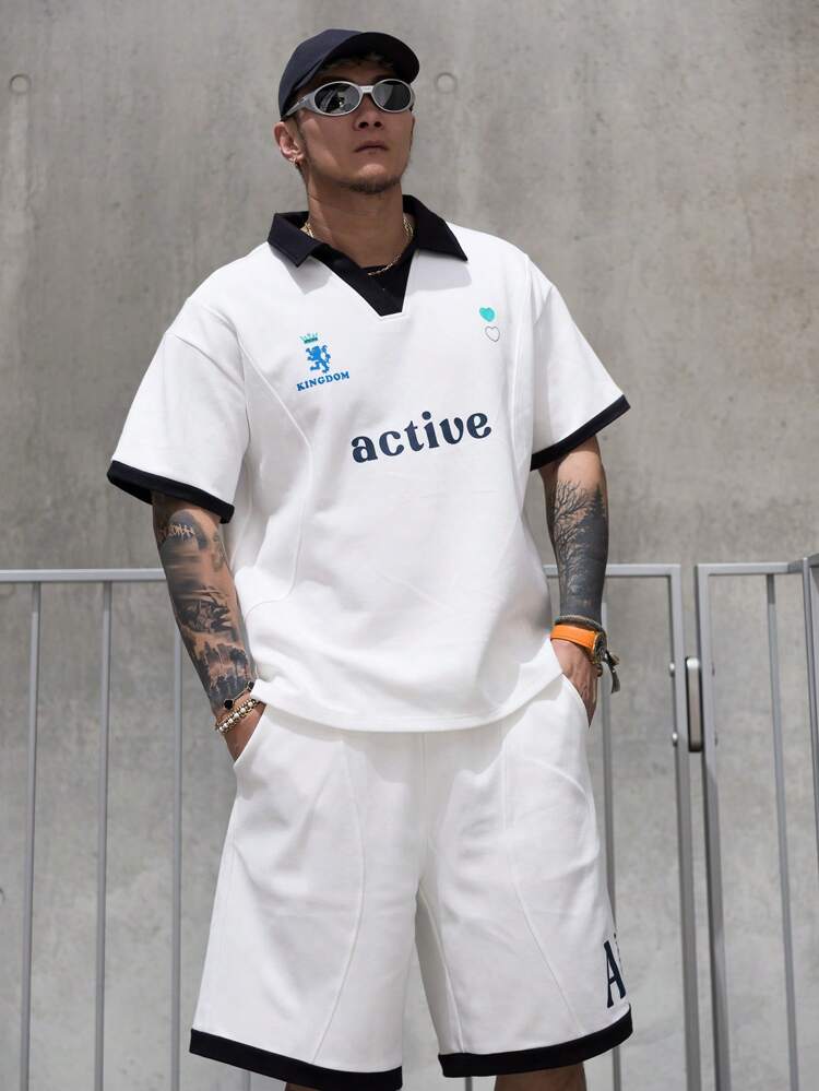 Summer Letter Print Patchwork White Sports Style Men's T-Shirt Set