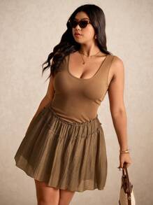 Elaquor Plus Size Women Casual Frill Trim Round Neck Sleeveless Dress - Coffee Brown - View 4