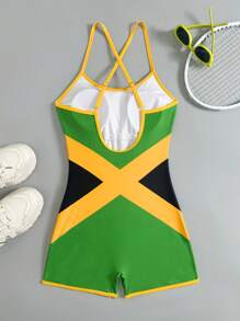 Swim SPRTY 女式连体纯色时尚性感拼接修身交叉肩带运动工字背连体泳衣 - 彩色 - 查看 2