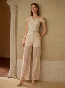 MOTF PREMIUM LACE FLORAL PATCHED SUIT PANTS - Apricot - View 3