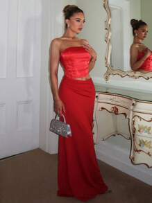 Glamine Vestido elegante para mujer con cintura tubular sólida, corte calado y bajo de cola de pez - Rojo - Ver 4