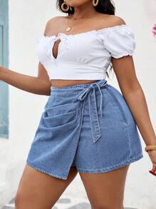 Slaydiva 大码牛仔短裤，夏季时尚 - 深色水洗藍 - 查看 7