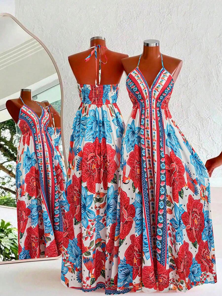 Flirla Vacation Floral Print Backless Halter Dress