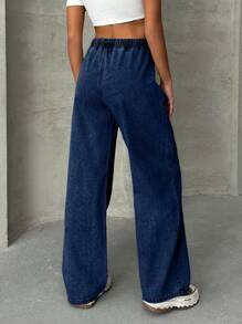 EURMUSE Women's Casual Washed Drawstring Waist Straight Leg Jeans - Dark Wash - View 2