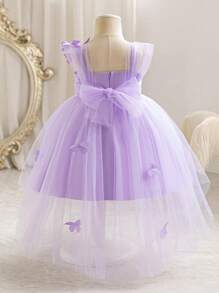 SHEIN Leap Crew Baby Girl Elegant Square Neck Dress With Bow Decor And Layered Mesh, Sweet Formal Party Dress - Purple - View 3