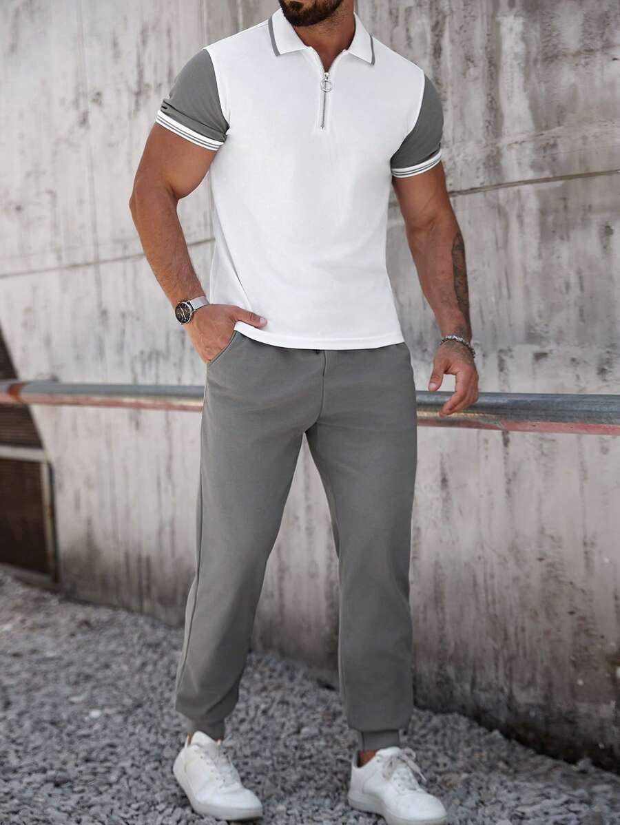 Manfinity CasualCool 男式短袖拉链 Polo 衫和纯色裤子套装 - 白色 - 查看 1