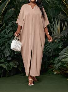 SHEIN Lady Holiday Dresses Plus Size Champagne Woven Short Sleeve Women's Robe Loose Drape Holiday Bridal Shower Dress Beach Women's Tall Long Slim Dress Cruise Outfits Women - Beige - View 5