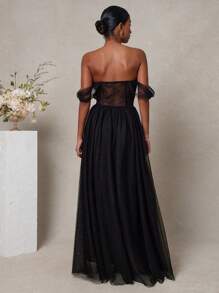 L'Amorae Vestido largo de noche sexy y elegante con hombros descubiertos, detalles de encaje y doble abertura lateral para invitados de boda - Negro - Ver 3