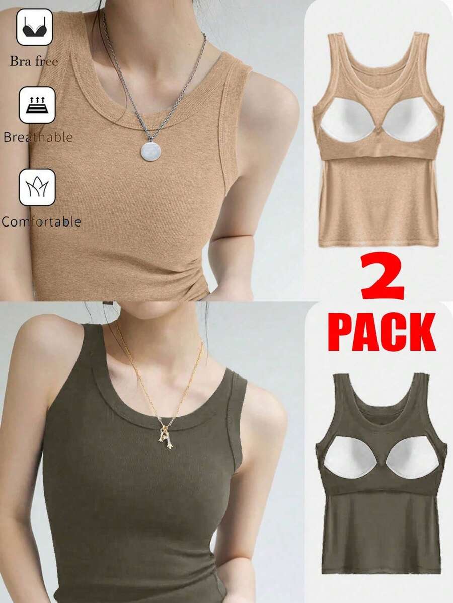 SHEIN Essnce 2pcs Women Seamless Ribbed Camisole Tops, Thick Adjustable Strap Sleeveless Cami Top Undershirt - Multicolor - View 1