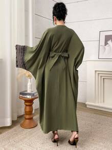 Al Najma 女士优雅提花拼布流苏蝙蝠袖阿拉伯风格连衣裙 - 軍綠色 - 查看 6