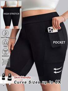 SHEIN CURVE+ 加大码纯色骑行短裤，带手机袋，曲线加大，波西米亚风度假风 - 黑色 - 查看 1