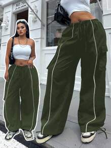 POPSWAY Plus Size Women Elastic Waist Drawcord Cargo Pocket Ribbed Hem Jogger Pants - Army Green - View 1