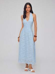 Roylia Powder Blue Jacquard V-Neck Long Dress