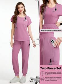 Scrubzie Conjunto de uniforme de ropa médica con top de cuello redondo de color liso con bolsillo y pantalones