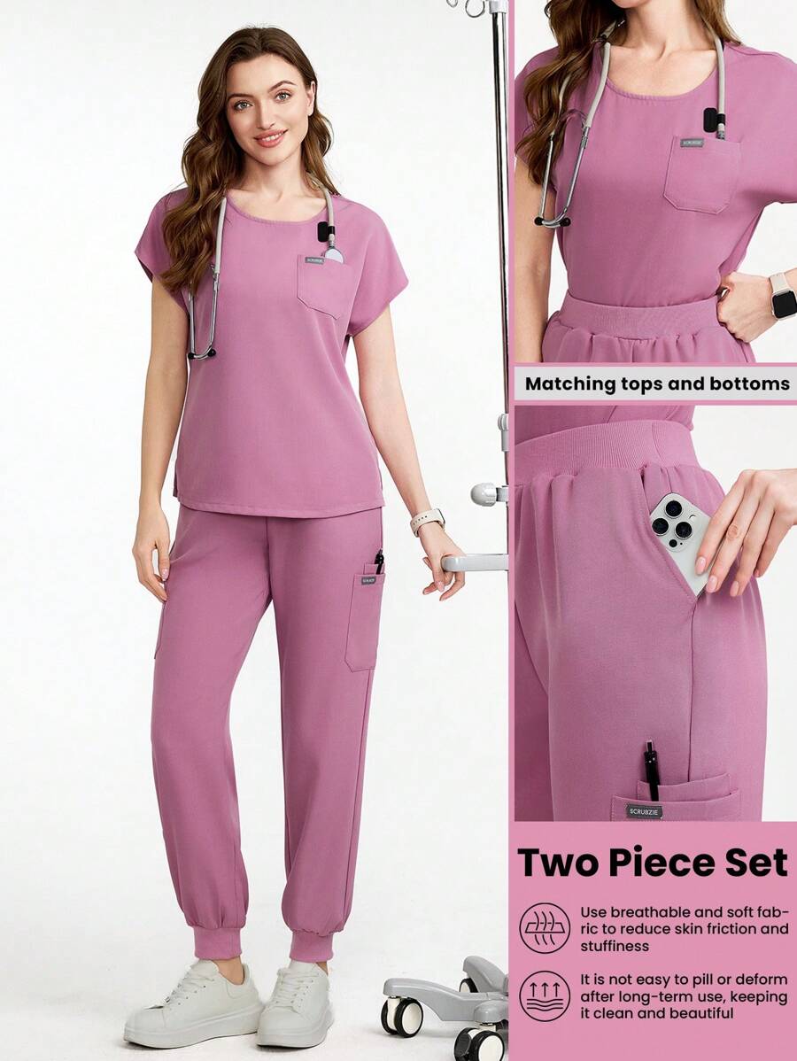 Scrubzie Conjunto de uniforme de ropa médica con top de cuello redondo de color liso con bolsillo y pantalones