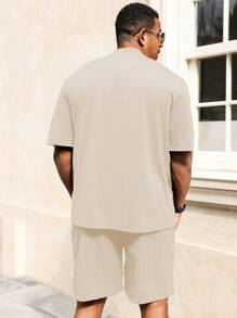 Manfinity Homme Plus Size Men Summer Casual Solid Color T-Shirt & Shorts Set - Beige - View 2
