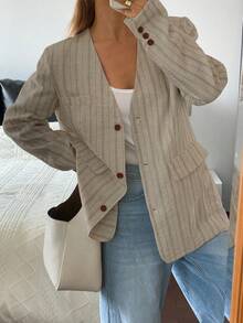 DAZY 女士休闲条纹宽松V领长袖外套，春夏条纹西装外套 - 卡其色 - 查看 4