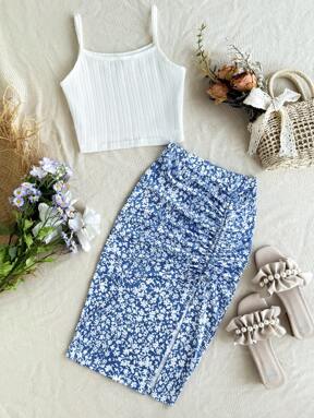 2pcs/Set Young Girl Sleeveless Solid Knitted Top & Ditsy Floral Flared Mini Skirt Suit