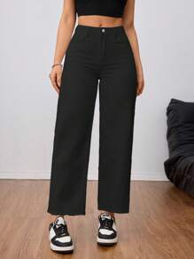 SHEIN Tall Women Casual Solid Color Slant Pocket Straight Leg Jeans - Black - View 5