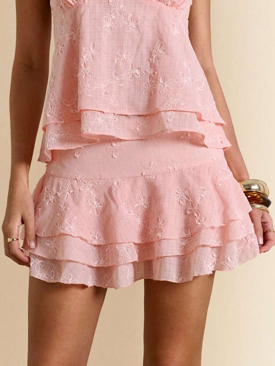 SHEIN BAE Elegant Pink Textured Ruffle Hem Skirt, Spring/Summer - Baby Pink - View 1