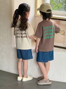 2 pièces/set T-shirt ample et imprimé de lettres avec shorts en jean de style coréen. Tenue d'été mode et décontractée pour les filles - Nude - Voir 1