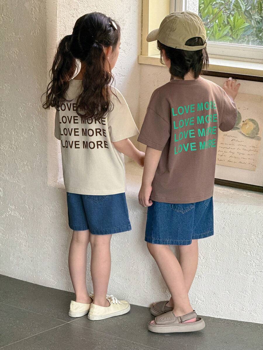2 pièces/set T-shirt ample et imprimé de lettres avec shorts en jean de style coréen. Tenue d'été mode et décontractée pour les filles - Nude - Voir 1