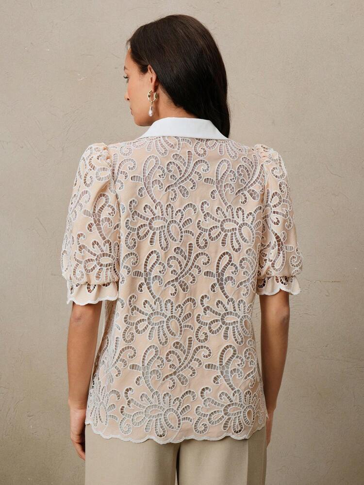 Blusa Bouffant com Bordado Vazado, Elegante Casual de Verão, Elegante, Praia, Festival de Férias