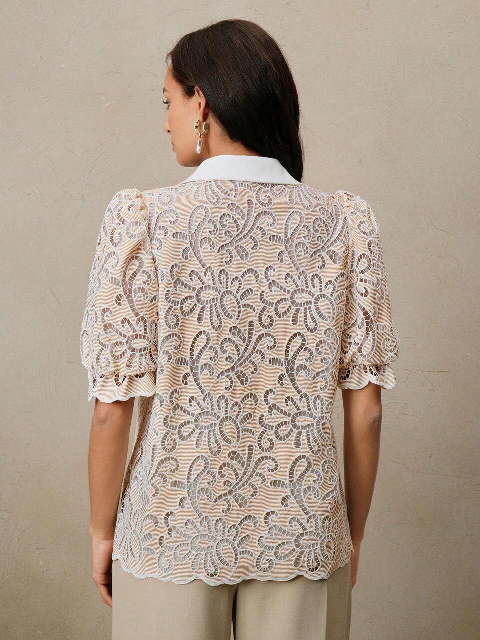 Hollow Embroidery Puff Sleeve Blouse, Summer Classy Casual Elegant Beach Festival Holiday
