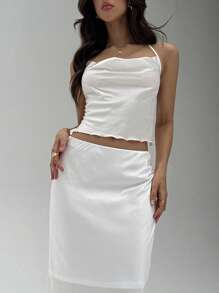 Aloruh Damen sexy und elegantes Drapierung Hals Halfter Satin Top und Meerjungfrau Maxi Rock Zweiteiler, Outfit für Hochzeitsgäste, Outfit für Hochzeitsanlässe, Zweiteiler Rock