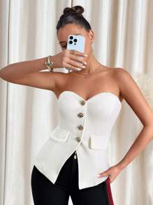 SHEIN Clasi Women's Gold Flower Button Decor Bandeau Top - White - View 1