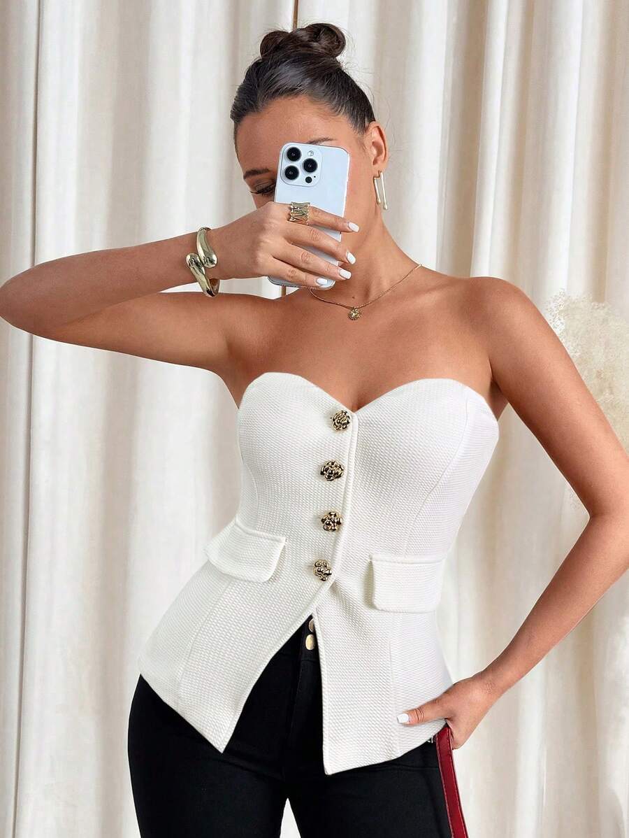 SHEIN Clasi Women's Gold Flower Button Decor Bandeau Top - White - View 1